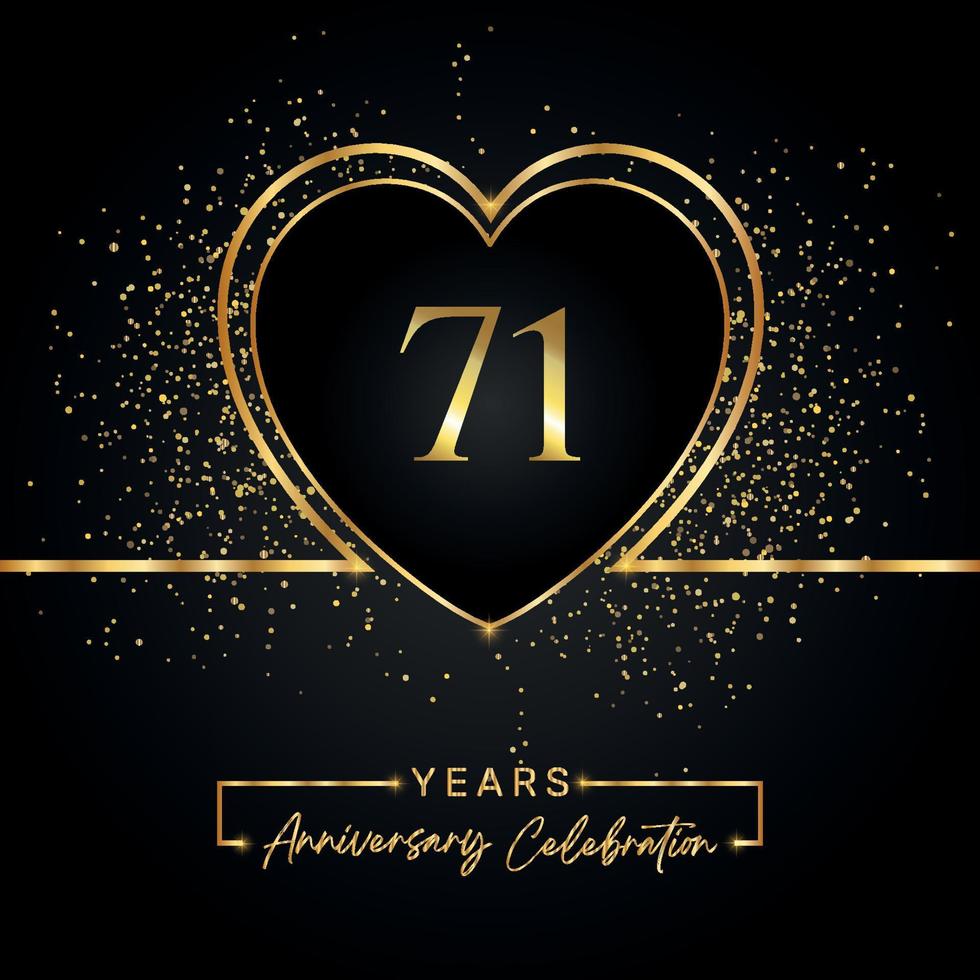 Célébration du 71e anniversaire avec coeur d'or et paillettes d'or sur fond noir. conception de vecteur pour les voeux, fête d'anniversaire, mariage, fête d'événement. logo anniversaire 71 ans