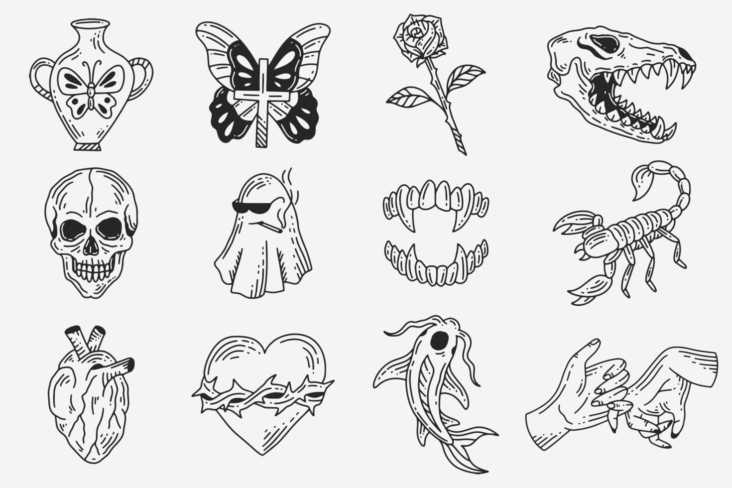 ensemble collection mystique céleste sombre saint simple minimalisme tatouage clipart symbole espace griffonnage ésotérique éléments vintage illustration vecteur