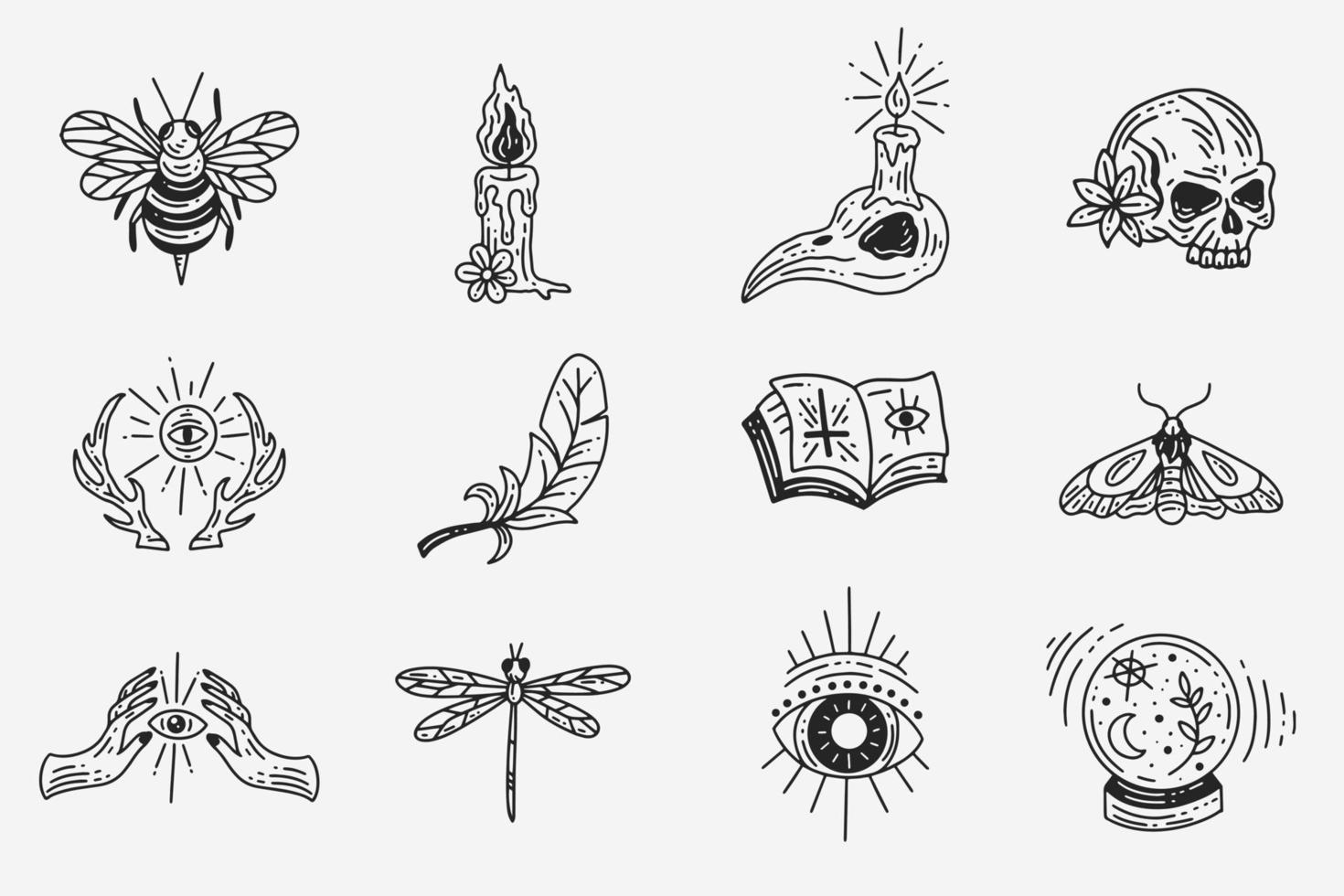 ensemble collection mystique céleste sombre saint simple minimalisme tatouage clipart symbole espace griffonnage ésotérique éléments vintage illustration vecteur