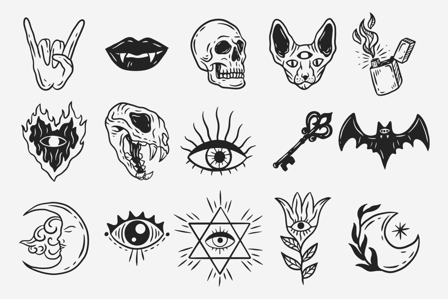 ensemble collection mystique céleste sombre saint simple minimalisme tatouage clipart symbole espace griffonnage ésotérique éléments vintage illustration vecteur