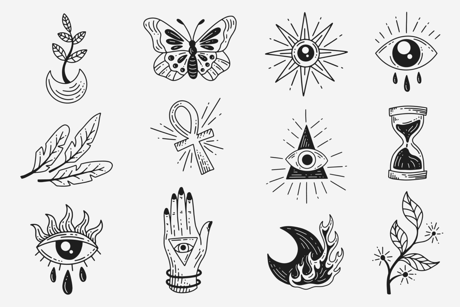 ensemble collection mystique céleste clipart symbole espace griffonnage ésotérique éléments vintage illustration vecteur