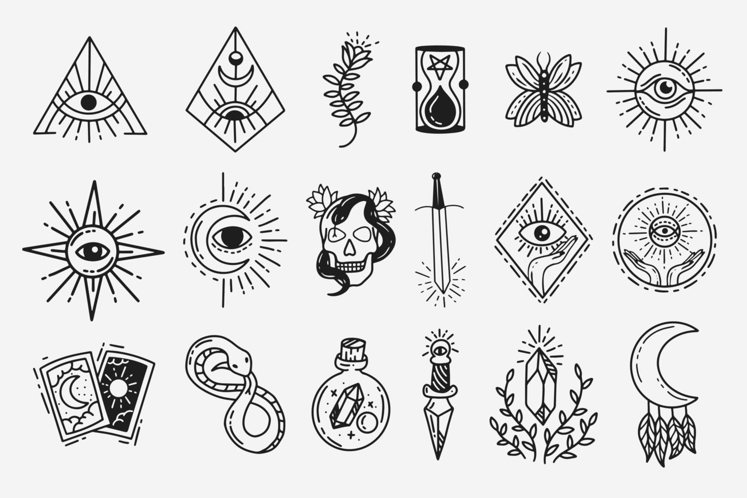 ensemble collection mystique céleste sombre saint simple minimalisme tatouage clipart symbole espace griffonnage ésotérique éléments vintage illustration vecteur