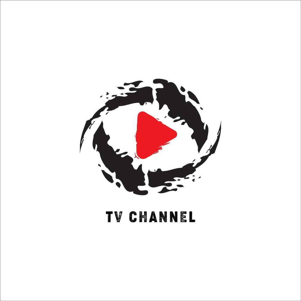 modèle de conception de logo de chaîne de télévision en ligne, bouton de lecture abstrait au milieu du vortex, concept de logo d'horreur, thème sombre, diffusion en direct, société de divertissement vecteur