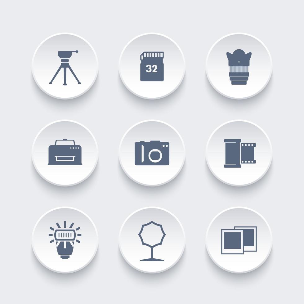 icônes d'équipement photo, appareil photo, trépied, carte mémoire, film, objectif, softbox, flash vecteur