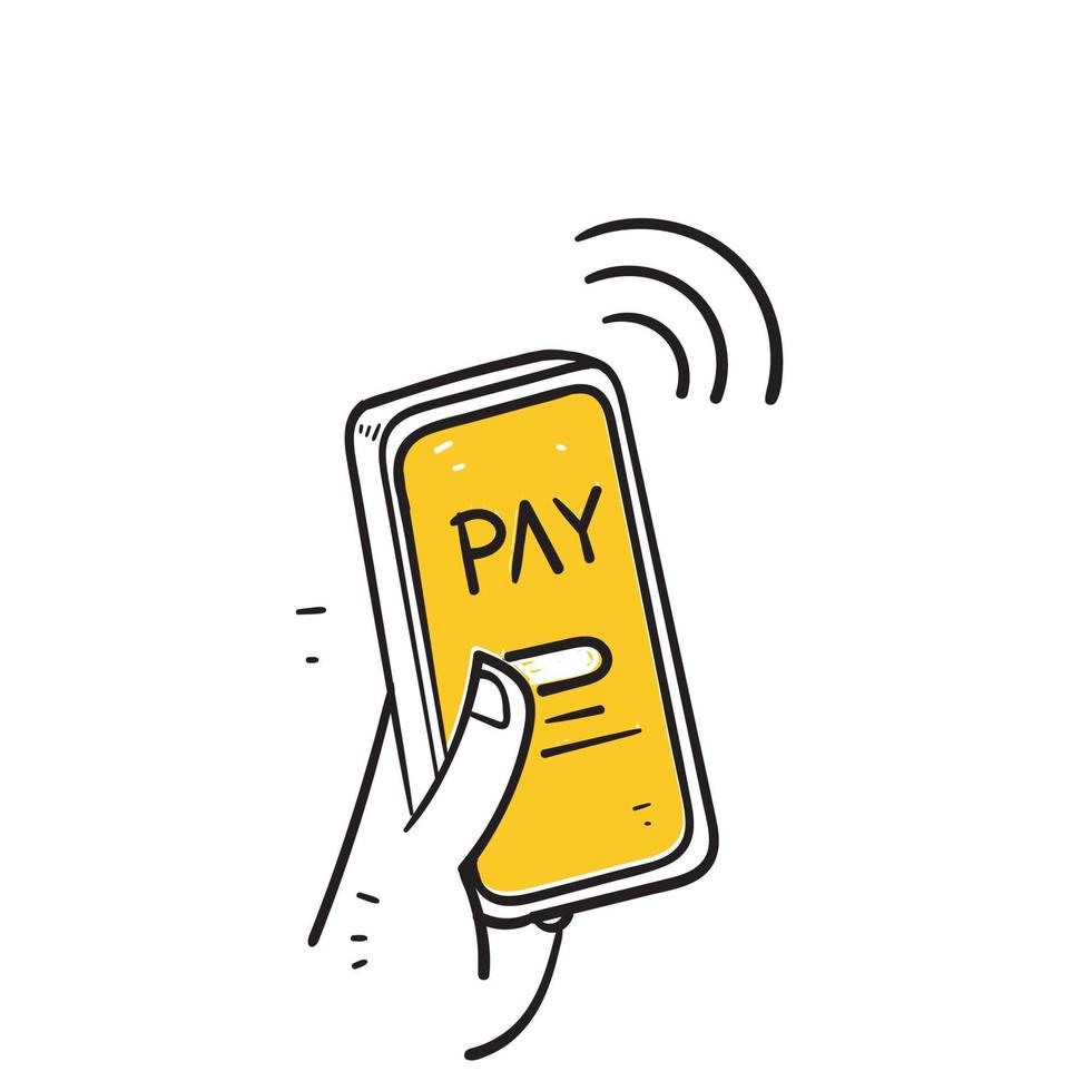 paiement mobile doodle dessiné à la main avec vecteur d'illustration de smartphone isolé