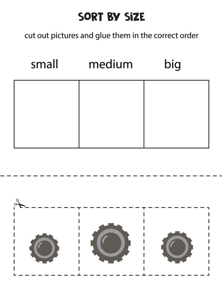 trier les pneus en caoutchouc par taille. feuille de travail éducative pour les enfants. vecteur