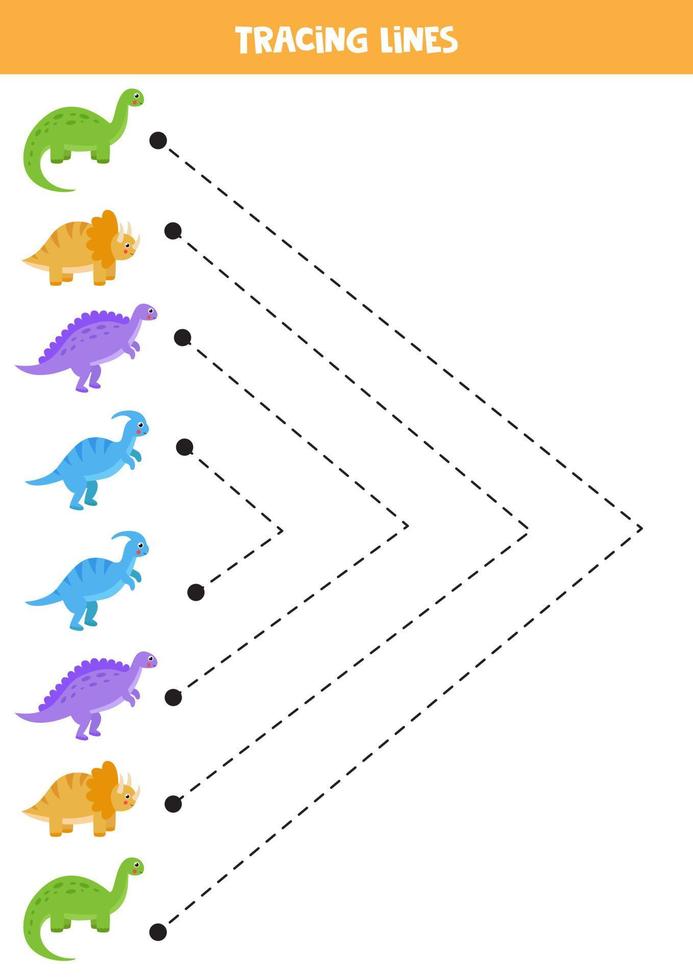 tracer des lignes pour les enfants. mignons dinosaures colorés. pratique de l'écriture. vecteur