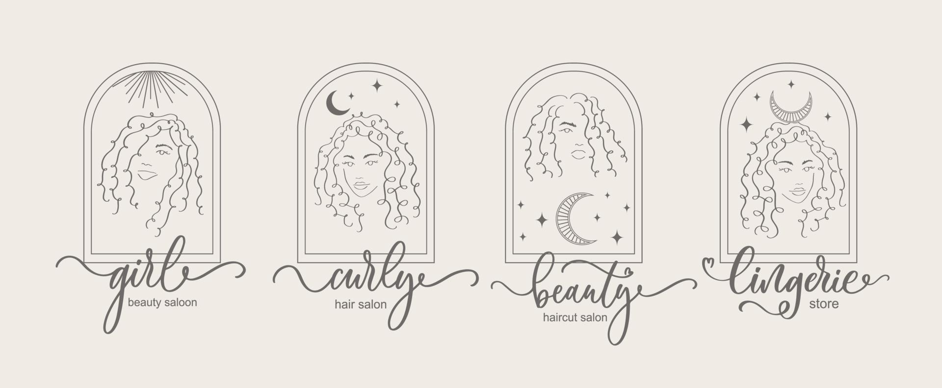 modèle de conception de logo et concept de monogramme dans un style linéaire branché avec une fille bouclée en arc - cadre avec espace de copie pour le texte ou la lettre - emblème pour magasin, salon, magasin de beauté et de lingerie. vecteur