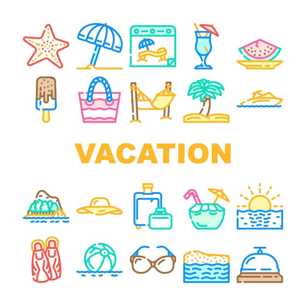 vacances d'été appréciant les icônes de voyageur définies vecteur