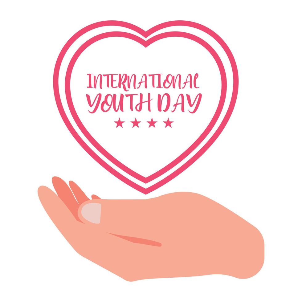 célébration de la journée internationale de la jeunesse, conception vectorielle spéciale de la journée de la jeunesse avec forme d'amour, conception des mains avec illustration vectorielle de forme d'amour rouge, conception de polices de la journée internationale de la jeunesse. vecteur