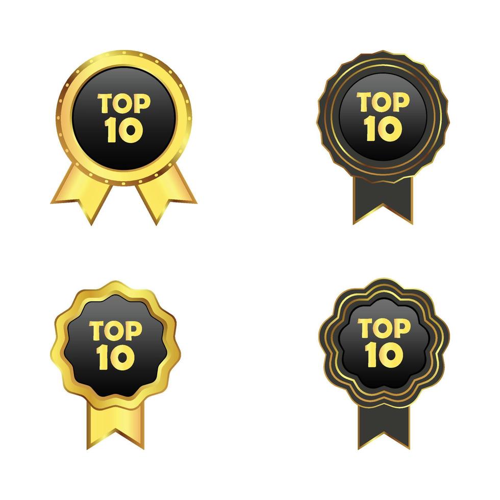 collection de badges de luxe avec une nuance de couleur dorée et noire. collection d'insignes du top 10 royal sur fond blanc. badge top 10 avec ruban. vecteur