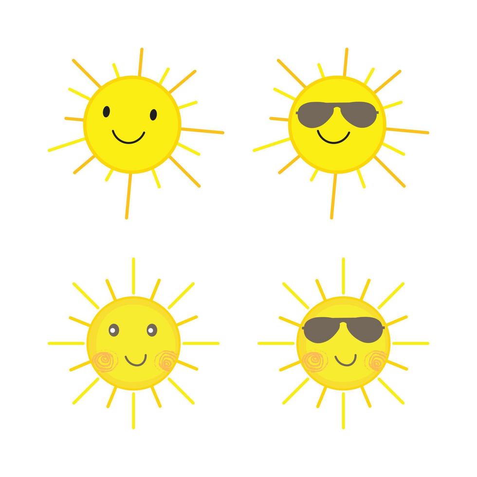 autocollant soleil de forme ronde et de couleur jaune vif. soleil mignon avec un visage souriant et des lunettes de soleil cool. rayon de soleil sortant de la conception de vecteur de soleil. collection d'autocollants de médias sociaux de vecteur de soleil.