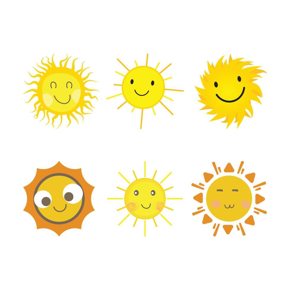autocollant soleil de forme ronde et de couleur jaune et rouge. soleil mignon avec un visage souriant et des lunettes de soleil cool. rayon de soleil sortant de la conception de vecteur de soleil. 6 collection d'autocollants de médias sociaux de vecteur de soleil.