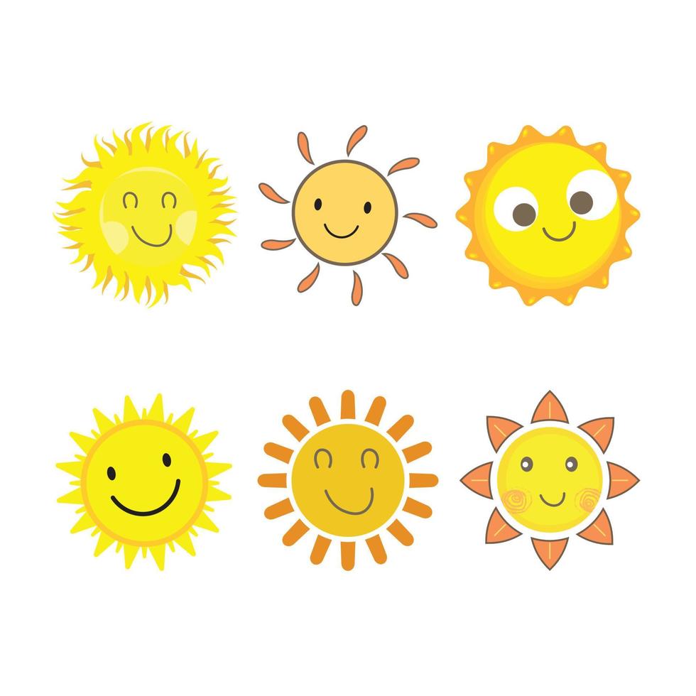 autocollant soleil de forme ronde et de couleur jaune. soleil mignon avec un visage souriant et des yeux frais. rayon de soleil sortant de la conception de vecteur de soleil. 6 collection d'autocollants de médias sociaux de vecteur de soleil.