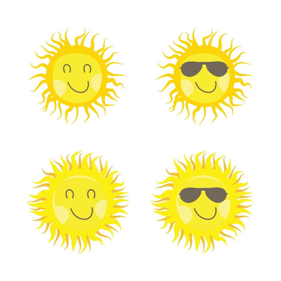 autocollant soleil de forme ronde et de couleur jaune. soleil mignon avec un visage souriant et des lunettes de soleil cool. rayon de soleil sortant de la conception de vecteur de soleil pour les médias sociaux. collection d'autocollants de médias sociaux de vecteur de soleil.