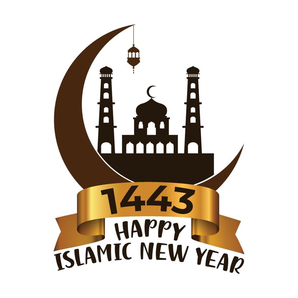 bonne fête du nouvel an islamique, joyeux nouvel an islamique de muharram, graphique vectoriel de la mosquée et du ruban, commémorant le joyeux jour de muharram, icône de lune vectorielle isolée.bonne année islamique