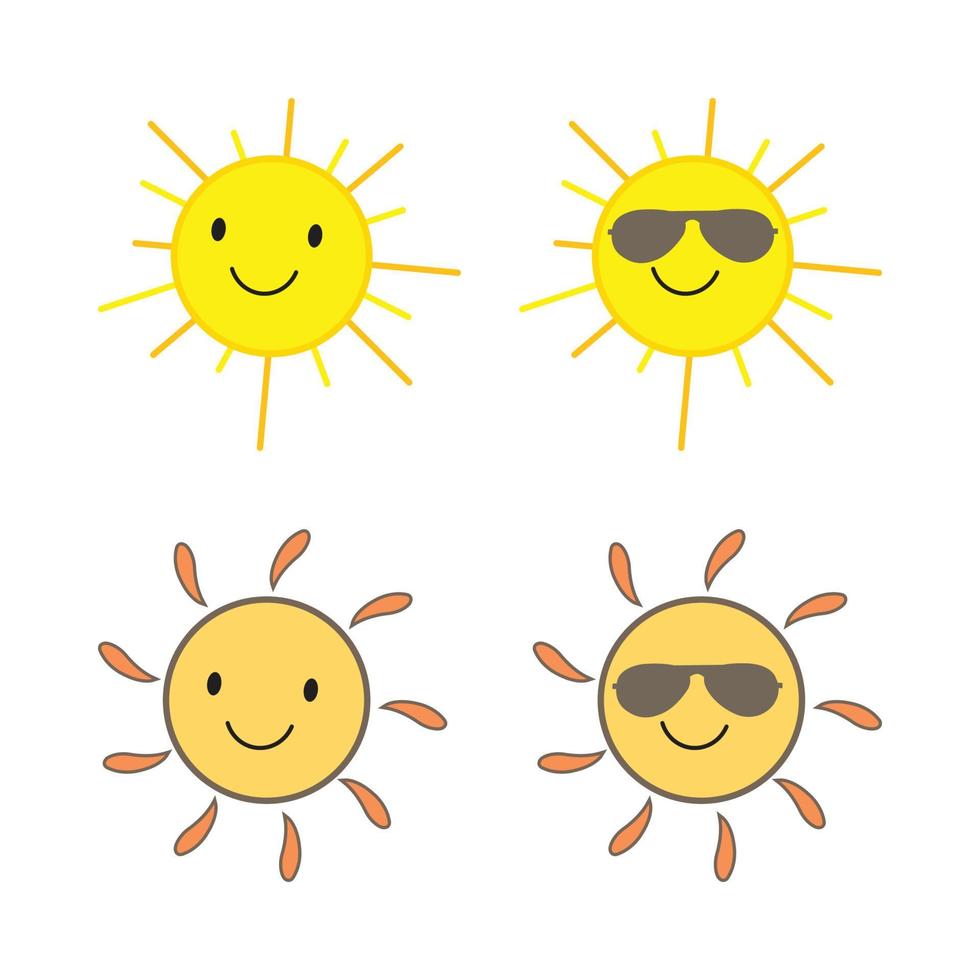 autocollant soleil de forme ronde et de couleur jaune et orange. soleil très mignon avec un visage souriant et des lunettes de soleil cool. rayon de soleil sortant de la conception de vecteur de soleil. collection d'autocollants de médias sociaux de vecteur de soleil.