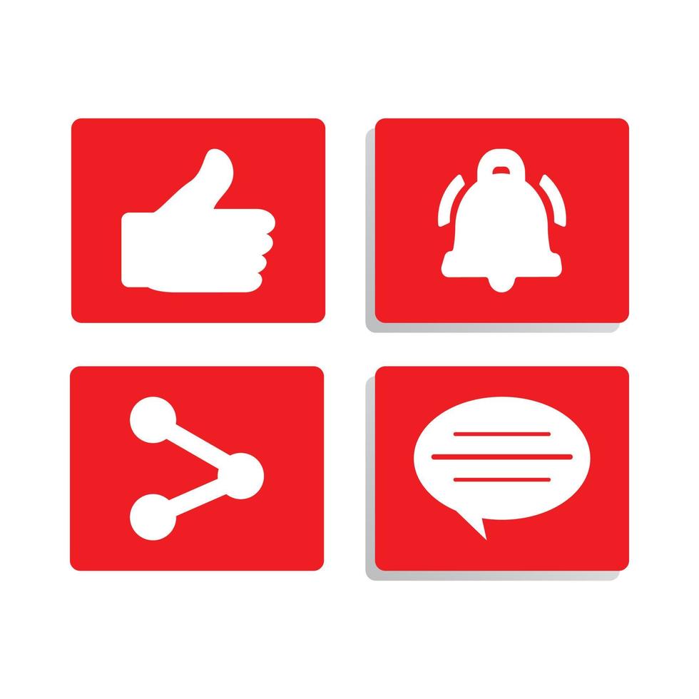 collection de boutons pour la conception de vecteur de médias sociaux. bouton de couleur rouge et blanc à l'intérieur de la collection de forme carrée. éléments de bouton de médias sociaux avec des sections comme, partager et commenter.