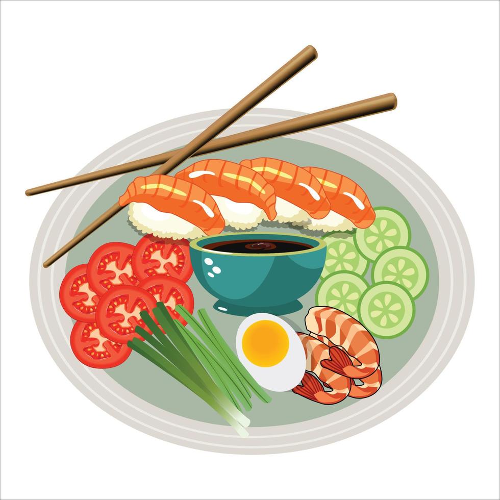 illustration vectorielle de cuisine asiatique avec salade. concept de cuisine asiatique avec sauce soja et sushi. salade verte de légumes.illustration vectorielle de nourriture asiatique avec salade. concept de cuisine asiatique avec sauce soja et sushi vecteur