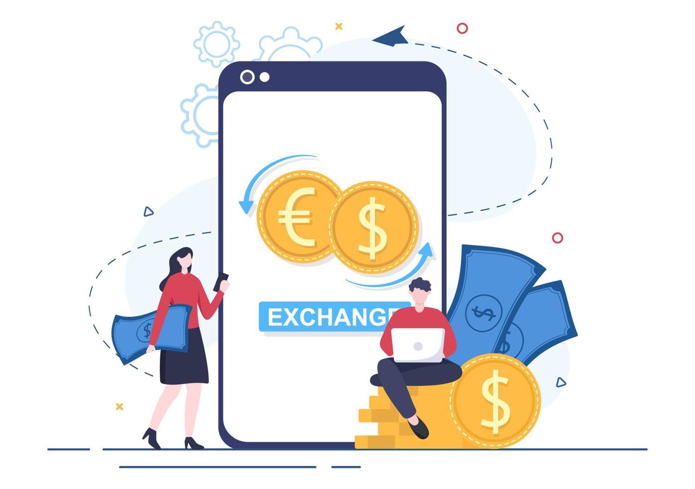 services de change mondiaux illustration de dessin animé applications d'économie en ligne pour la cryptographie, euro, dollar avec code de transaction vecteur