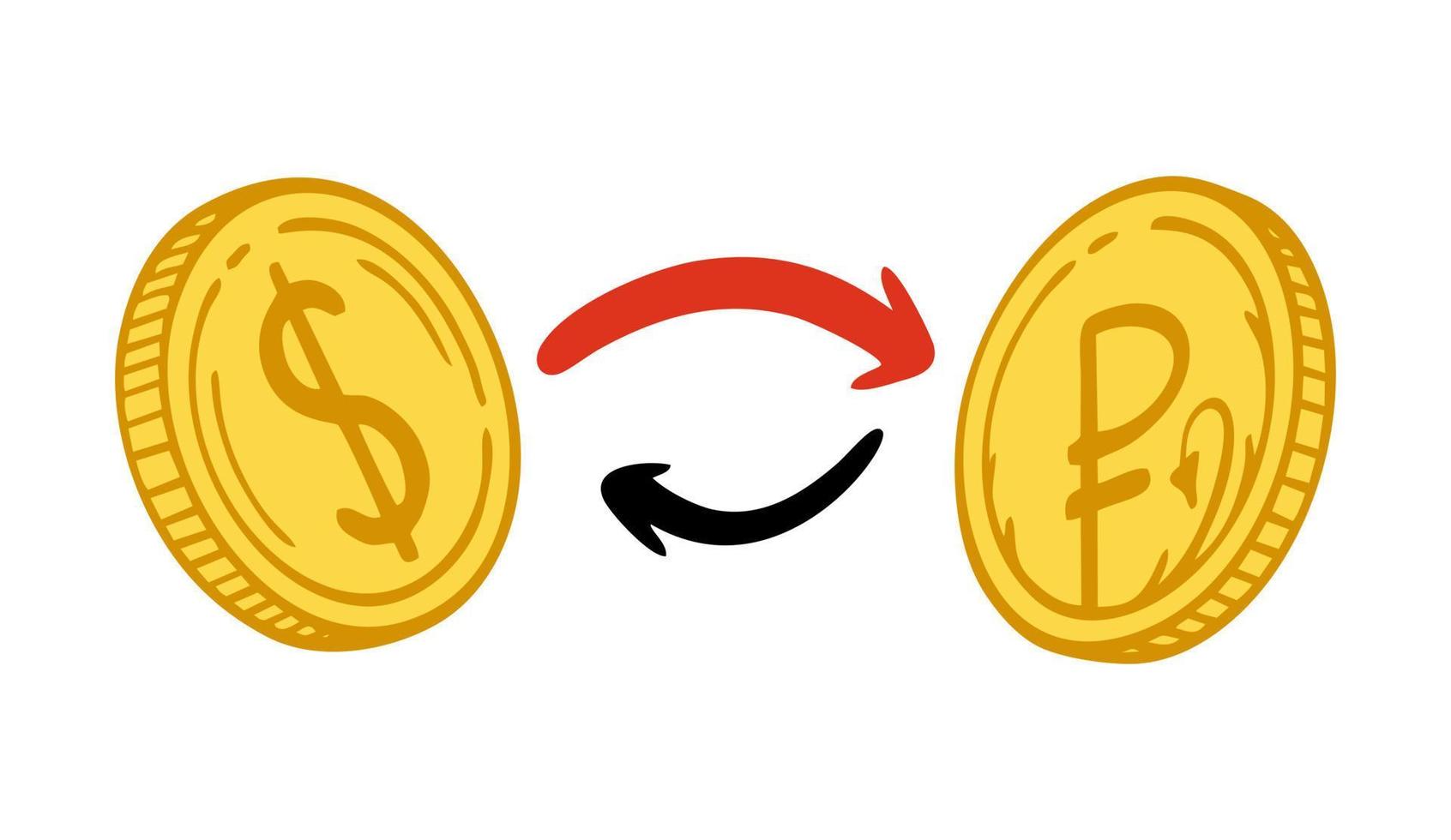 rouble russe. échange rouble en dollar sur fond blanc. illustration vectorielle d'un doodle. vecteur