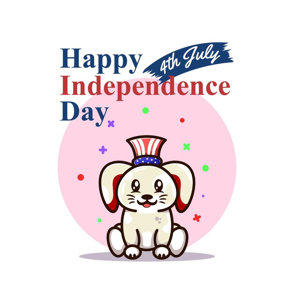 mignon joyeux jour de l'indépendance 4 juillet carte de voeux avec lapin portant un chapeau américain vecteur