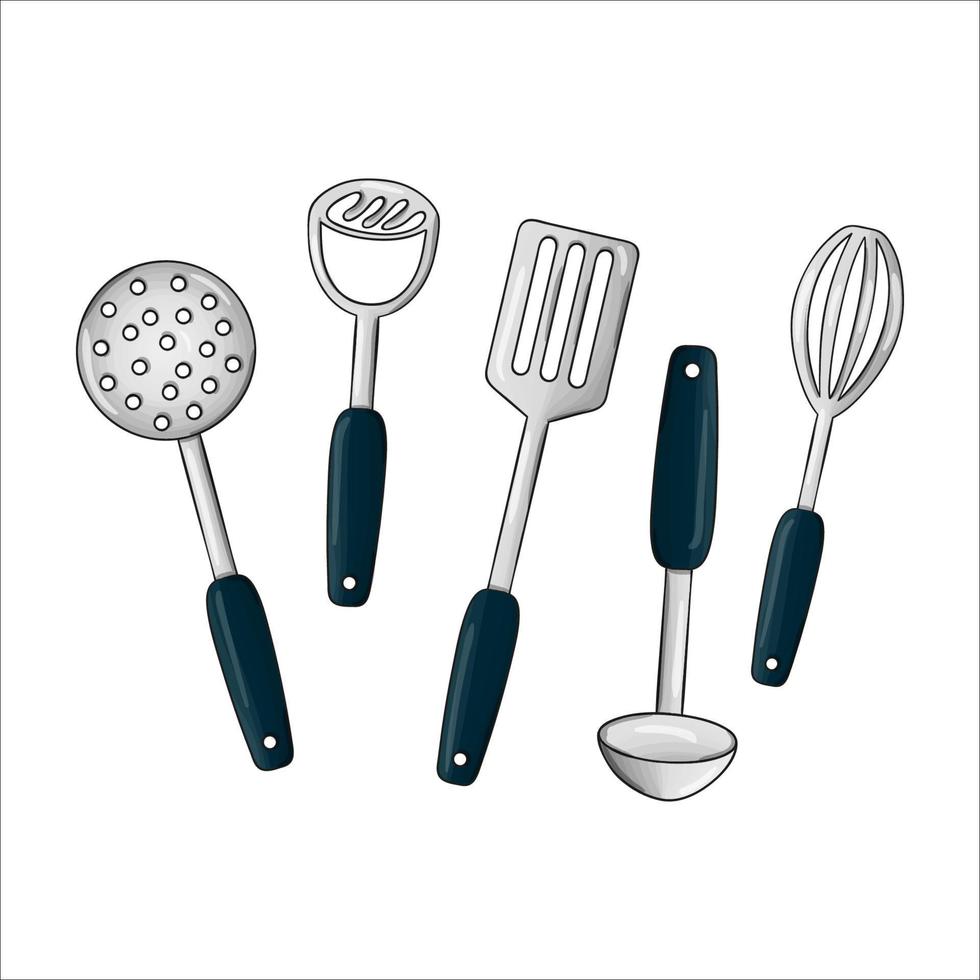 ensemble de vaisselle de couleur vectorielle. icônes d'outils de cuisine isolés sur fond blanc. équipement de cuisine de style dessin animé. écumoire, musher de pommes de terre, illustration vectorielle de louche vecteur