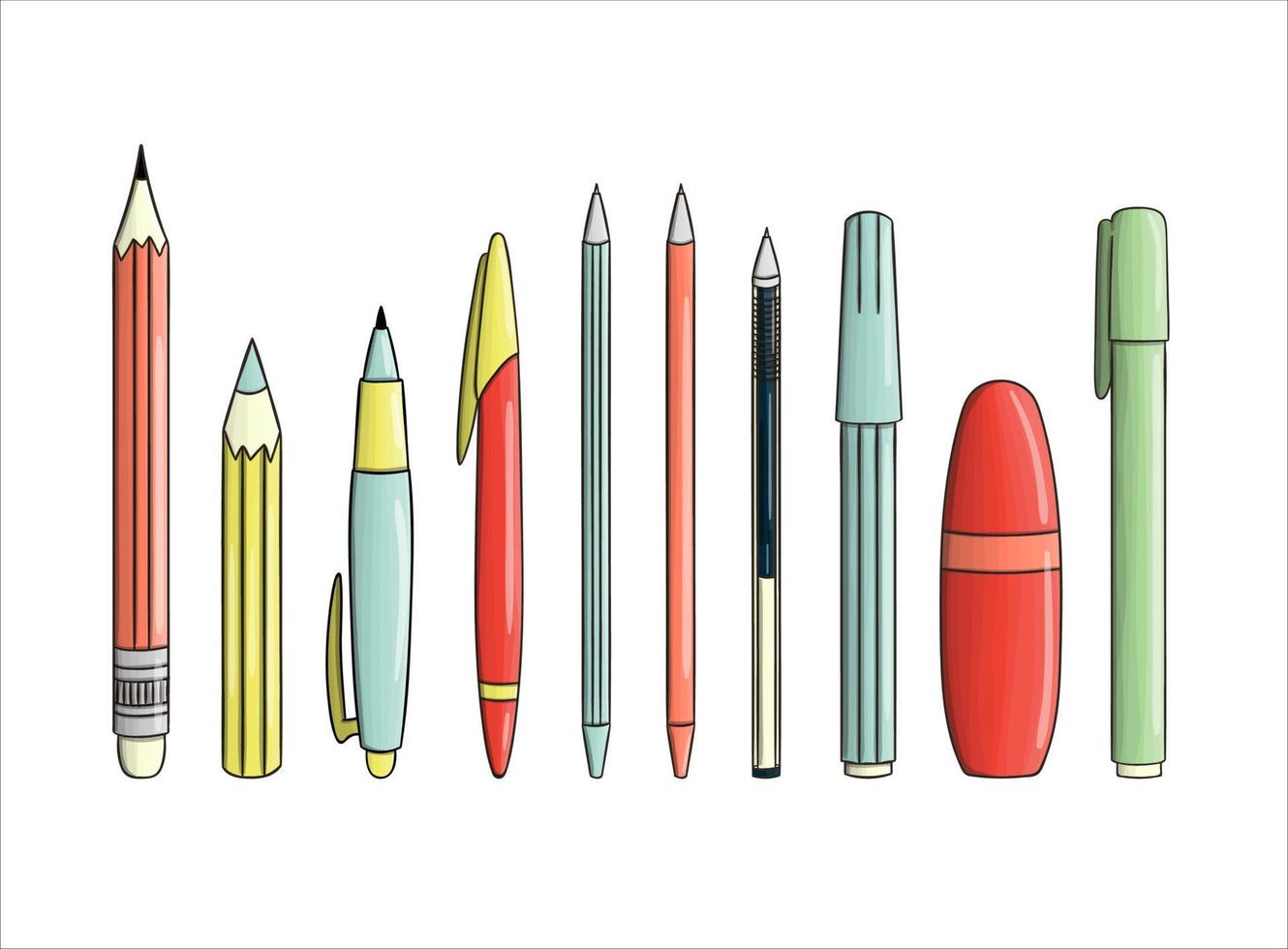 ensemble d'icônes stylo et crayon. papeterie de couleur vectorielle, matériel d'écriture, fournitures de bureau ou scolaires isolés sur fond blanc. style de bande dessinée vecteur