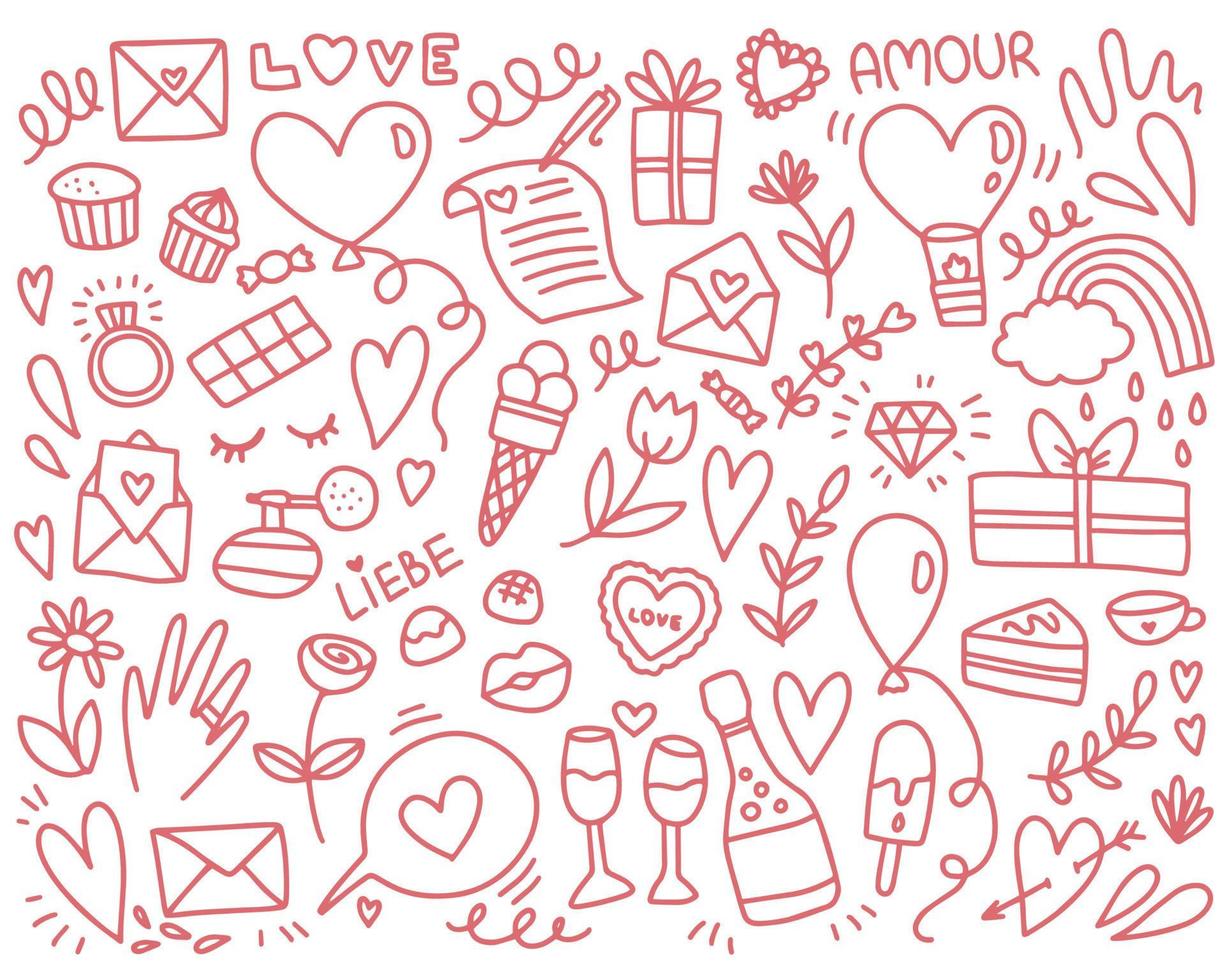 doodle objets d'amour rouge et rose mignon ensemble illustration vectorielle vecteur