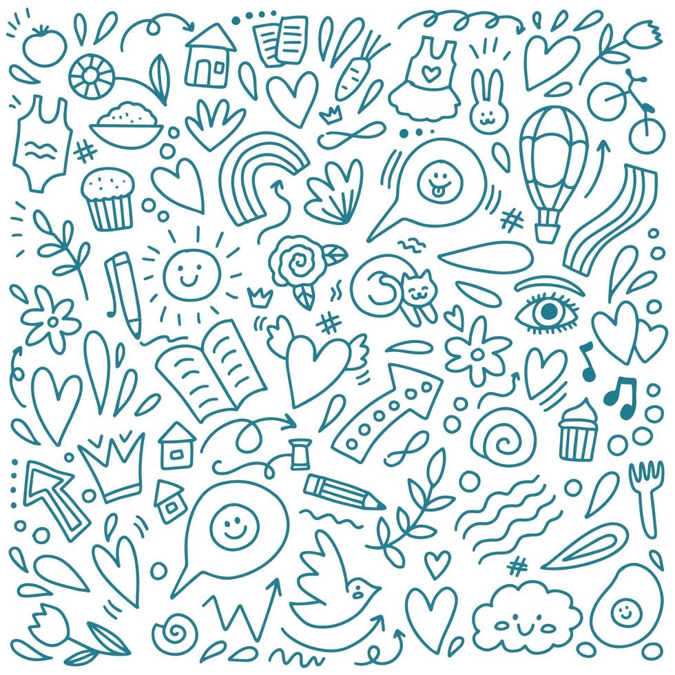 Doodle bleu différents objets mignon set vector illustration