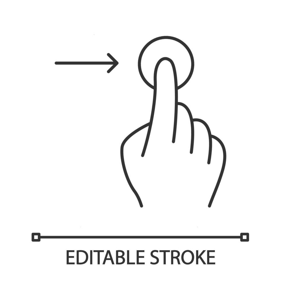 icône linéaire de geste de défilement horizontal vers la droite. gestes de l'écran tactile. main humaine, doigts. à l'aide d'appareils sensoriels. illustration de la ligne mince. symbole de contour. dessin de contour isolé de vecteur. trait modifiable vecteur