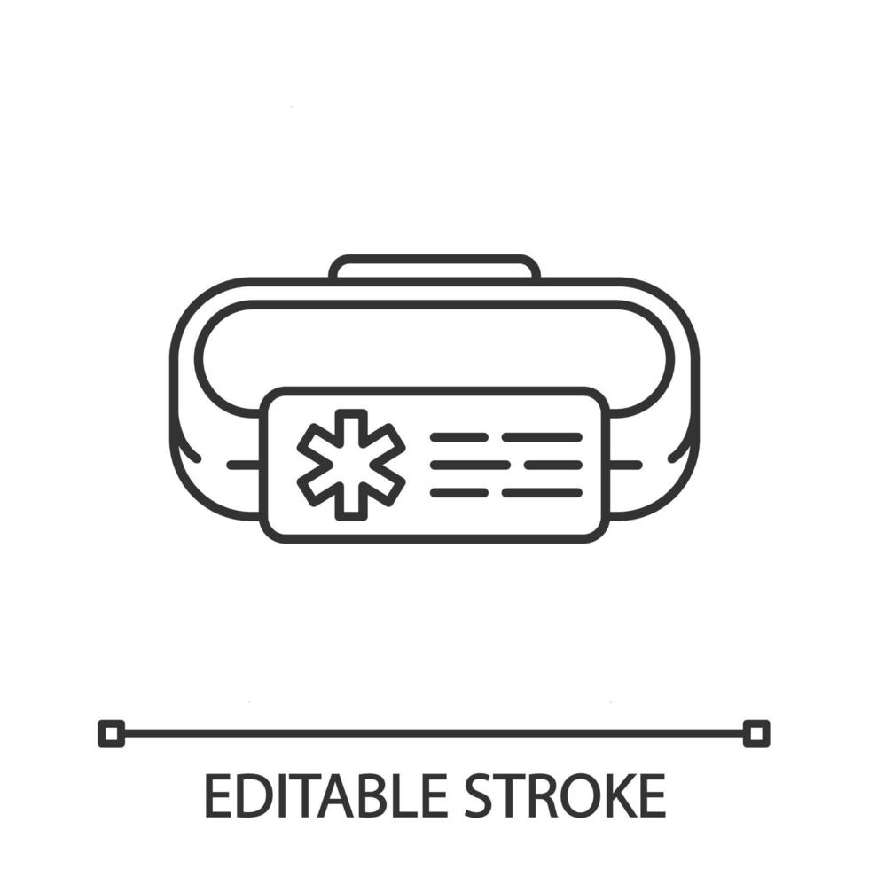 icône linéaire de bracelet d'identification d'alerte médicale. premiers soins, accessoire d'ambulance. emblème d'urgence. Étiquette d'identification. illustration de la ligne mince. symbole de contour. dessin de contour isolé de vecteur. trait modifiable vecteur