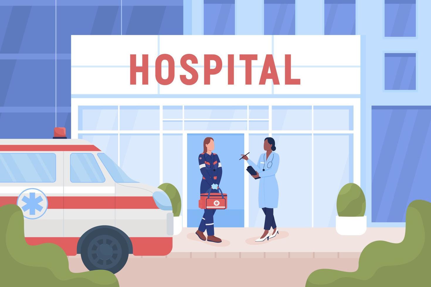 médecins près du bâtiment de l'hôpital sur l'illustration vectorielle de couleur plate de la rue vecteur