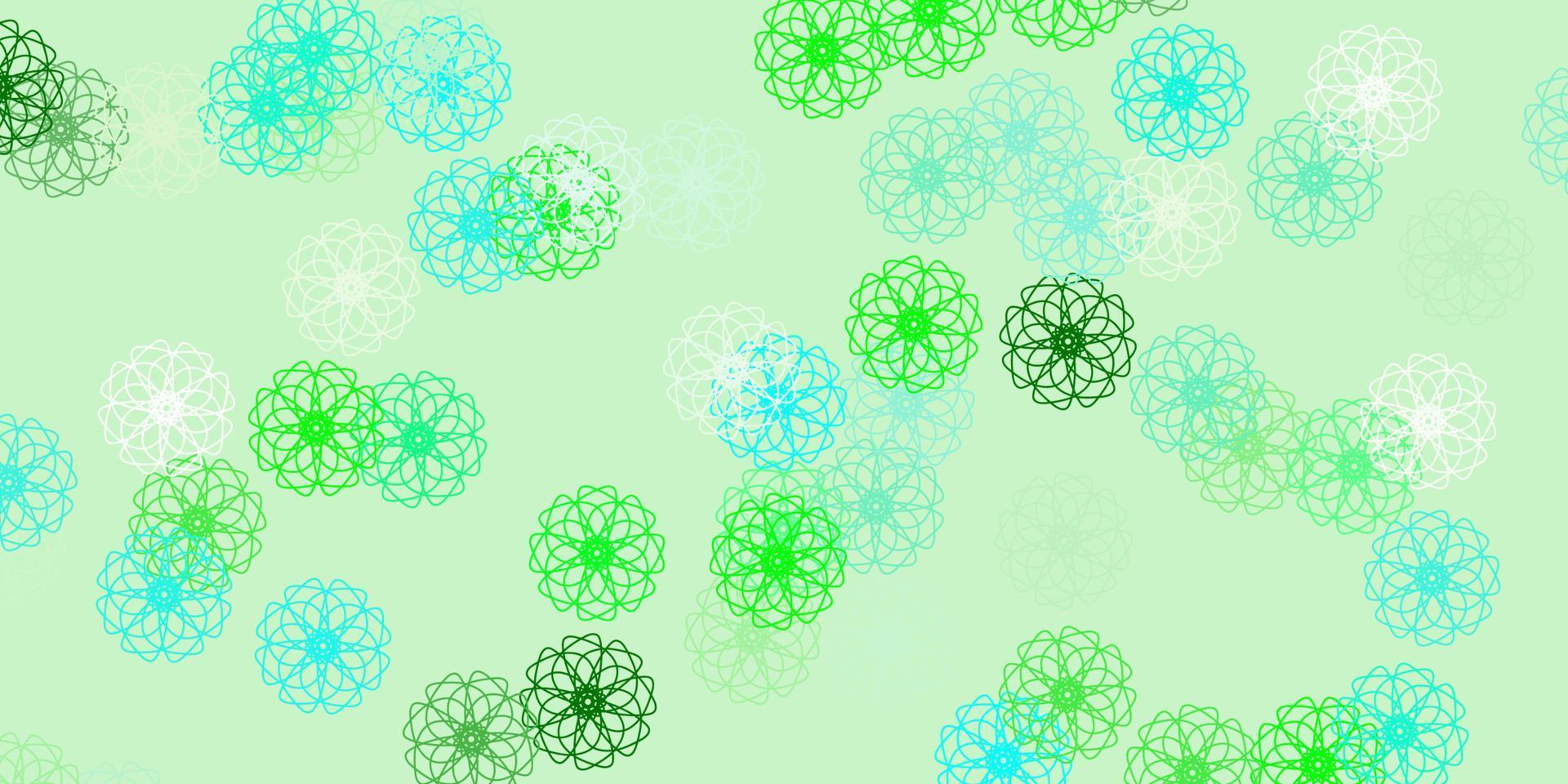 modèle de doodle de vecteur bleu clair, vert avec des fleurs.