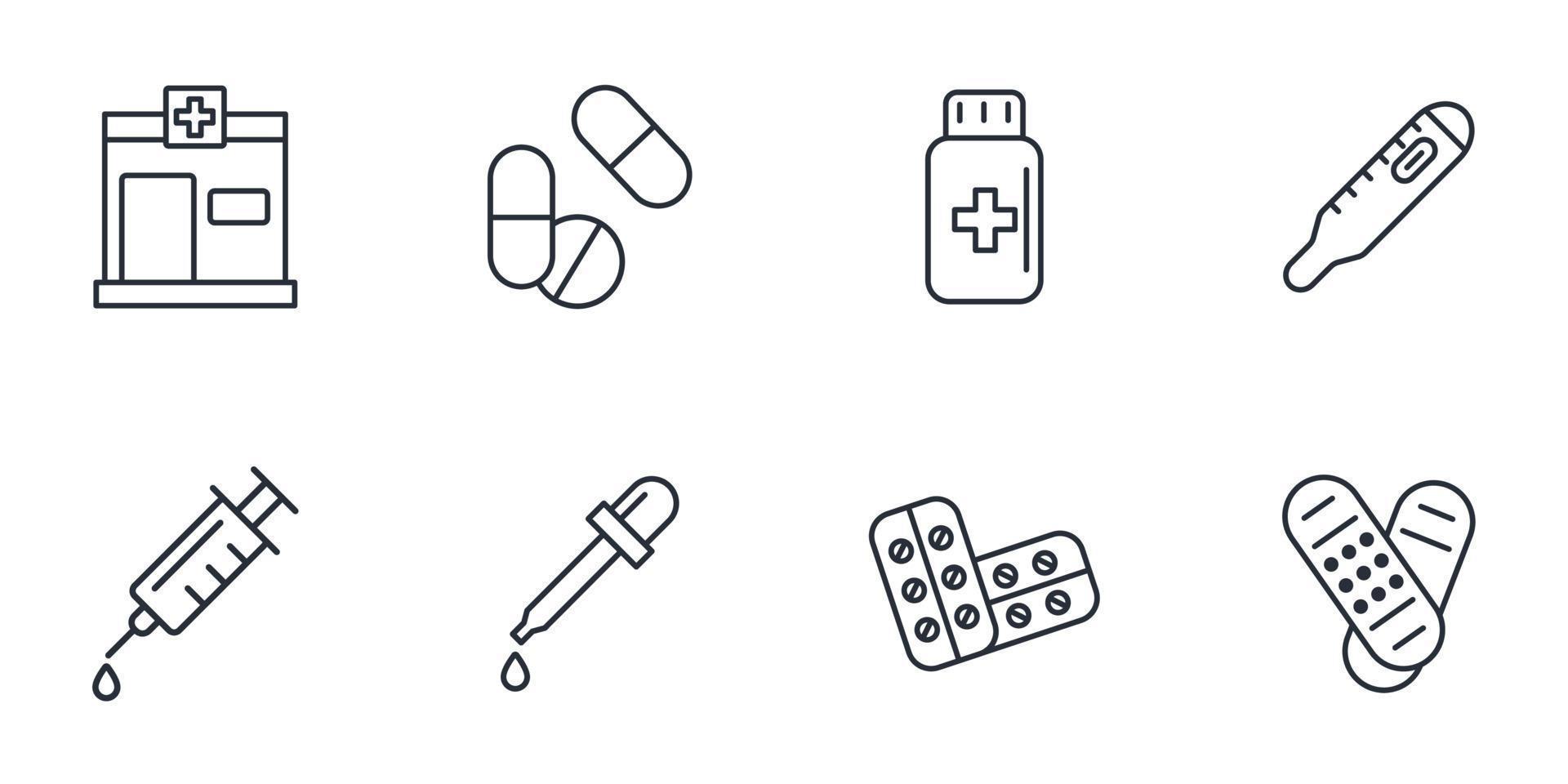 ensemble d'icônes de pharmacie. Éléments vectoriels de symbole de pack de pharmacie pour le web infographique vecteur