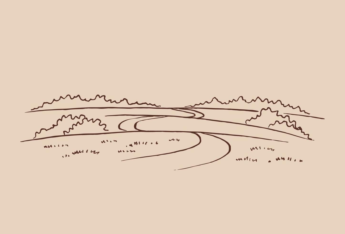 paysage rural avec route et arbre. illustration dessinée à la main convertie en vecteur. vecteur