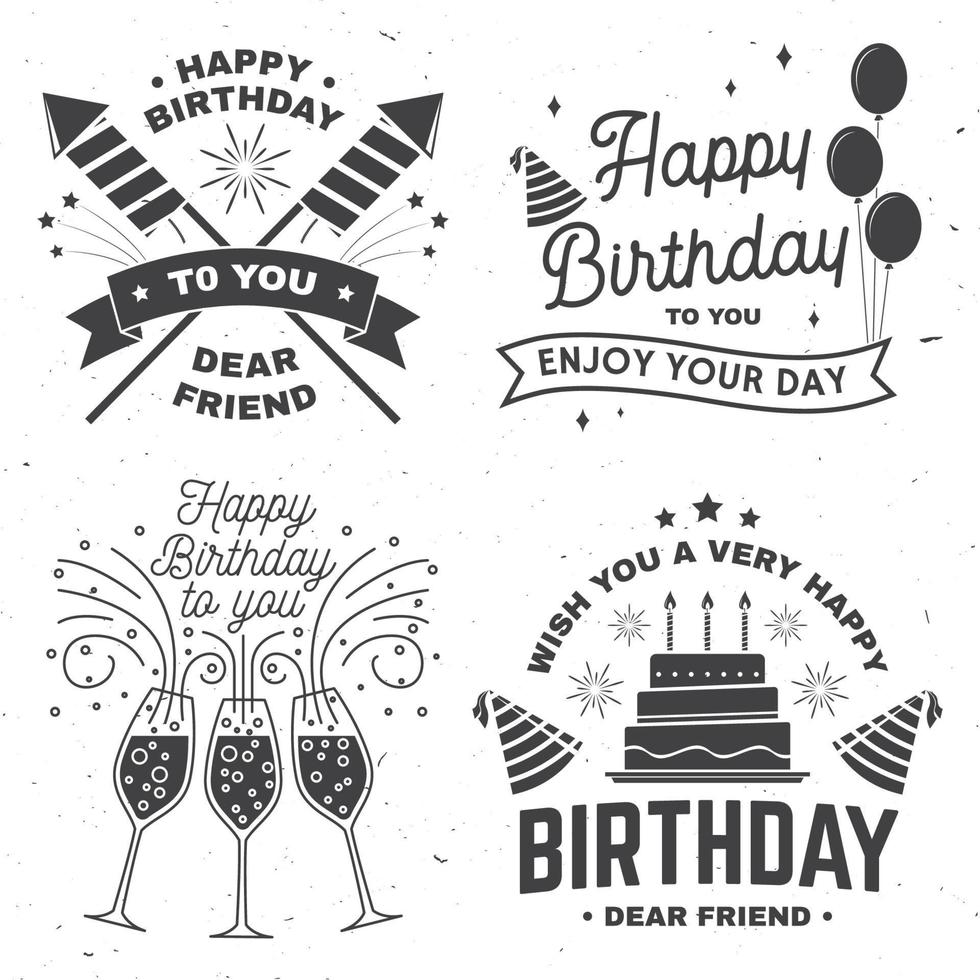 ensemble de modèles de joyeux anniversaire pour superposition, badge, carte avec bouquet de ballons, cadeaux, coupes de champagne et gâteau d'anniversaire avec bougies. vecteur. design vintage pour la fête d'anniversaire vecteur