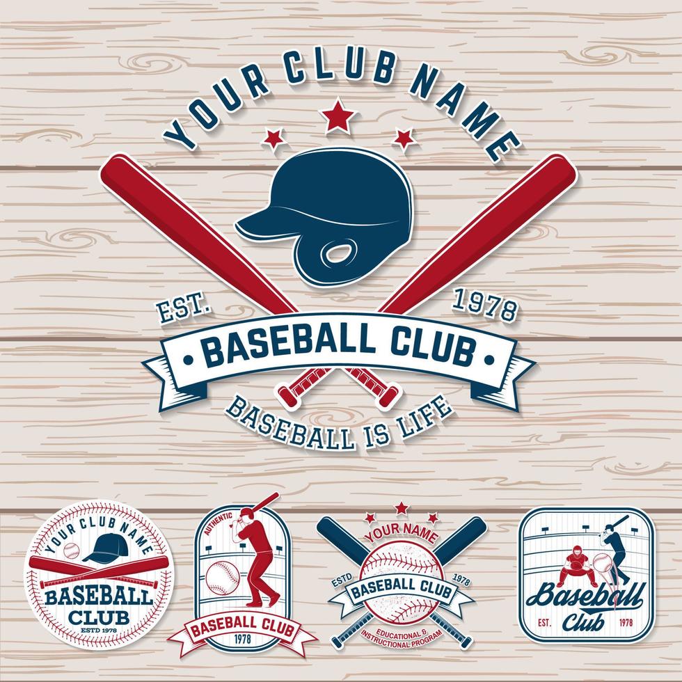 ensemble d'insignes de club de baseball ou de softball. vecteur. concept pour chemise ou logo, impression, patch, timbre. conception de typographie vintage avec des battes de baseball, une balle frappante et une balle pour la silhouette de baseball. vecteur