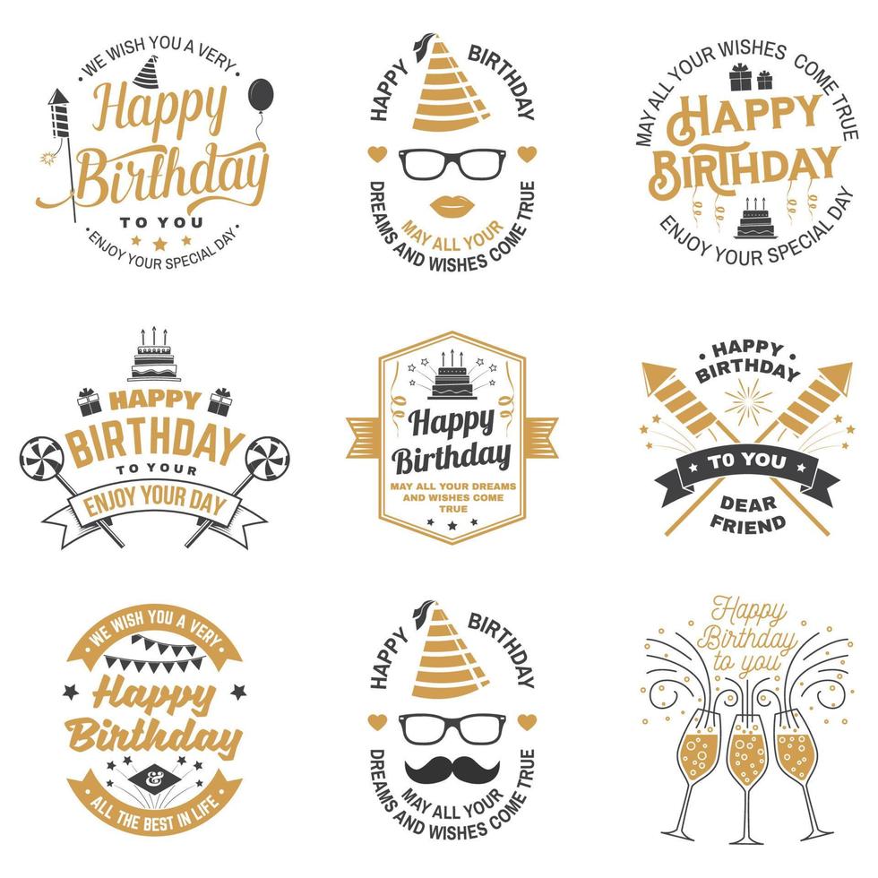 ensemble de modèles de joyeux anniversaire pour superposition, badge, carte avec bouquet de ballons, cadeaux, fusées de feu d'artifice et gâteau d'anniversaire avec bougies. vecteur. design vintage pour la fête d'anniversaire vecteur