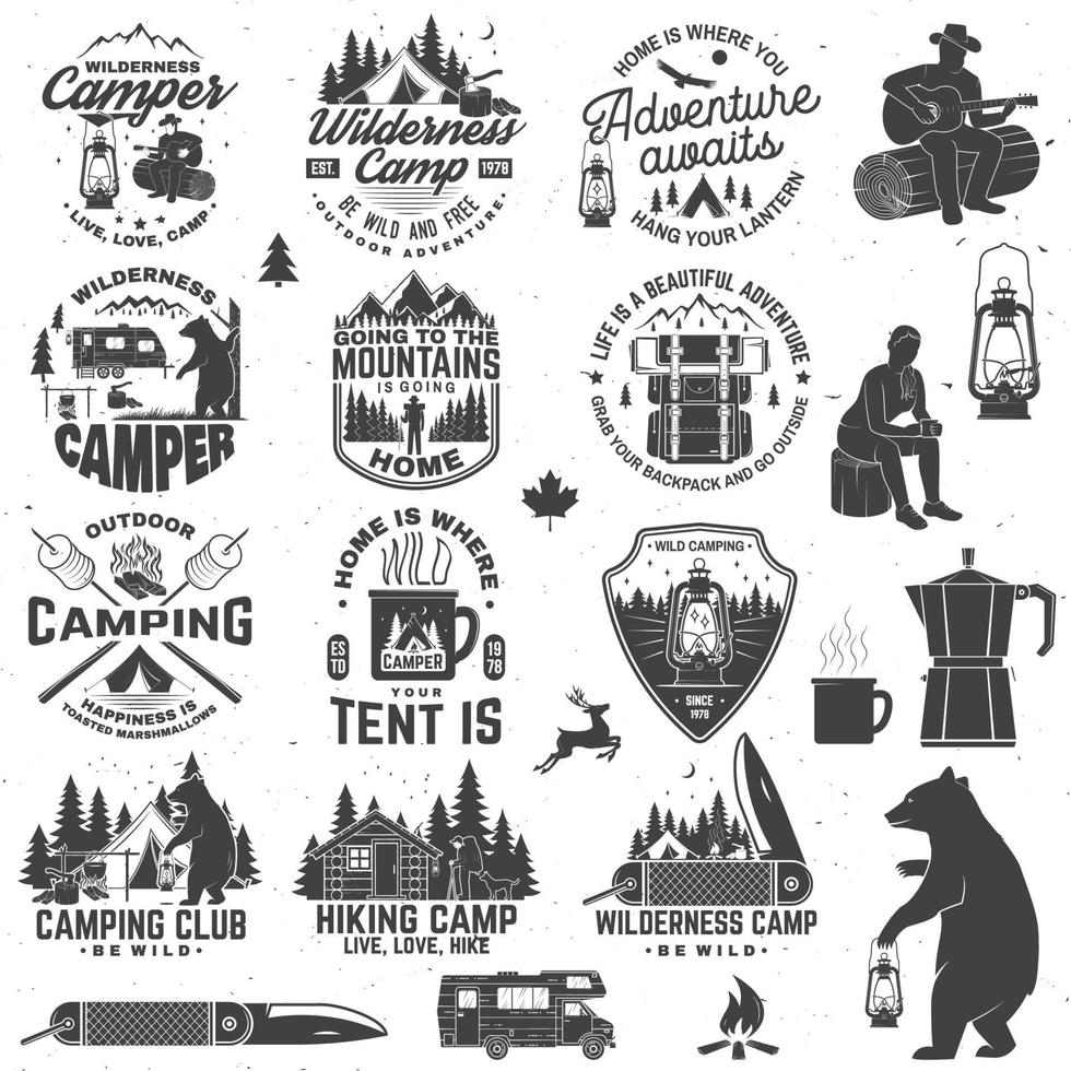 campement sauvage. être sauvage et libre. vecteur. concept pour badge, chemise ou logo, impression, timbre, patch. conception de typographie vintage avec remorque, tente, feu de camp, ours, couteau de poche et silhouette de forêt vecteur