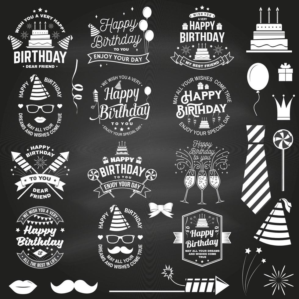 ensemble de modèles de joyeux anniversaire pour superposition, badge, carte avec bouquet de ballons, cadeaux, fusées de feu d'artifice et gâteau d'anniversaire avec bougies. vecteur. design vintage pour la fête d'anniversaire vecteur