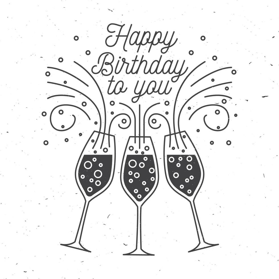 joyeux anniversaire à vous. timbre, badge, autocollant, carte avec verres de champagne. vecteur. conception typographique vintage pour les invitations, emblème de célébration d'anniversaire dans un style rétro vecteur