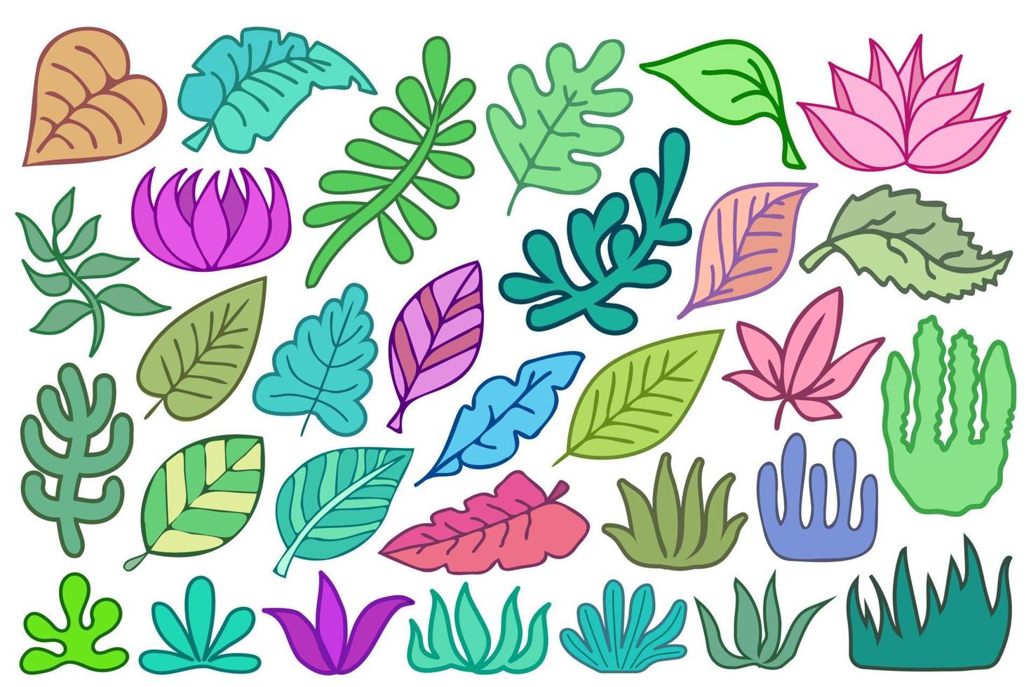 herbe, feuilles, branches, fleurs isolés sur fond blanc. éléments de conception de plantes botaniques, formes abstraites et stylisées, ensemble vectoriel d'icônes colorées.