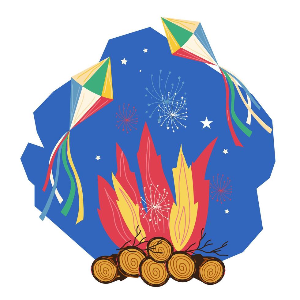 emblème ou étiquette des célébrations du festival festa junina avec feu de joie. carte de voeux festa junina ou invitation à une fête, élément d'affiche, illustration de vecteur plat isolé sur fond blanc.