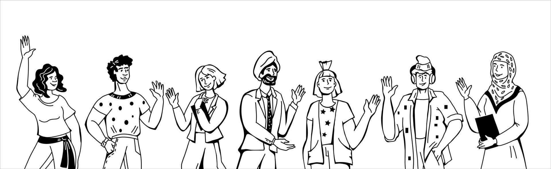 groupe de jeunes multiculturels, homme et femme avec geste de salutation, accueillant et disant bonjour. mode de vie et amitié des jeunes. croquis de dessin animé illustration vectorielle de ligne noire isolée. vecteur