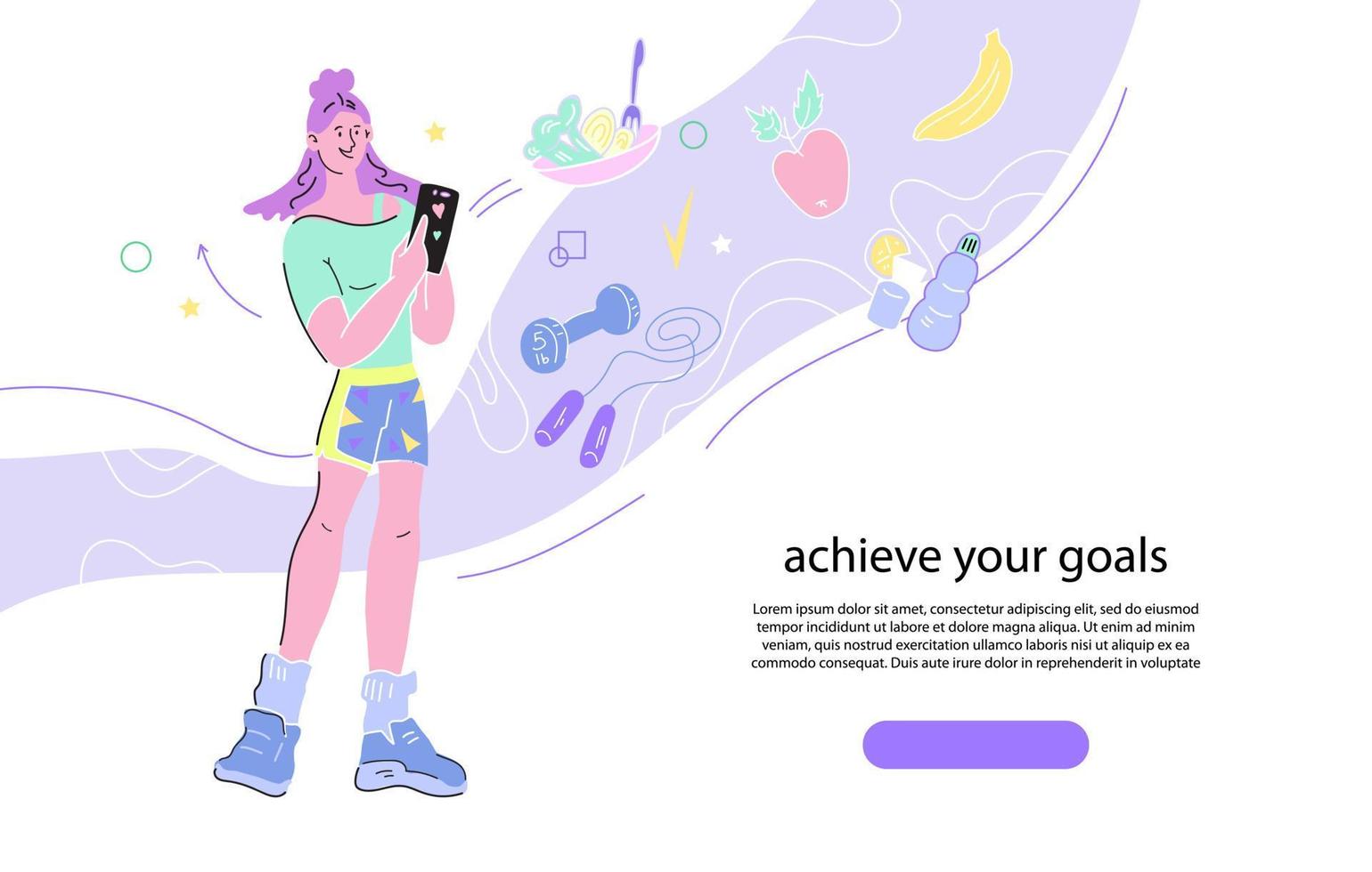 concept d'application de planificateur d'entraînement de régime et de fitness. alimentation saine, perte de poids et bannière d'activité sportive avec personnage de dessin animé de femme utilisant l'application smartphone pour suivre un régime, illustration vectorielle plane. vecteur