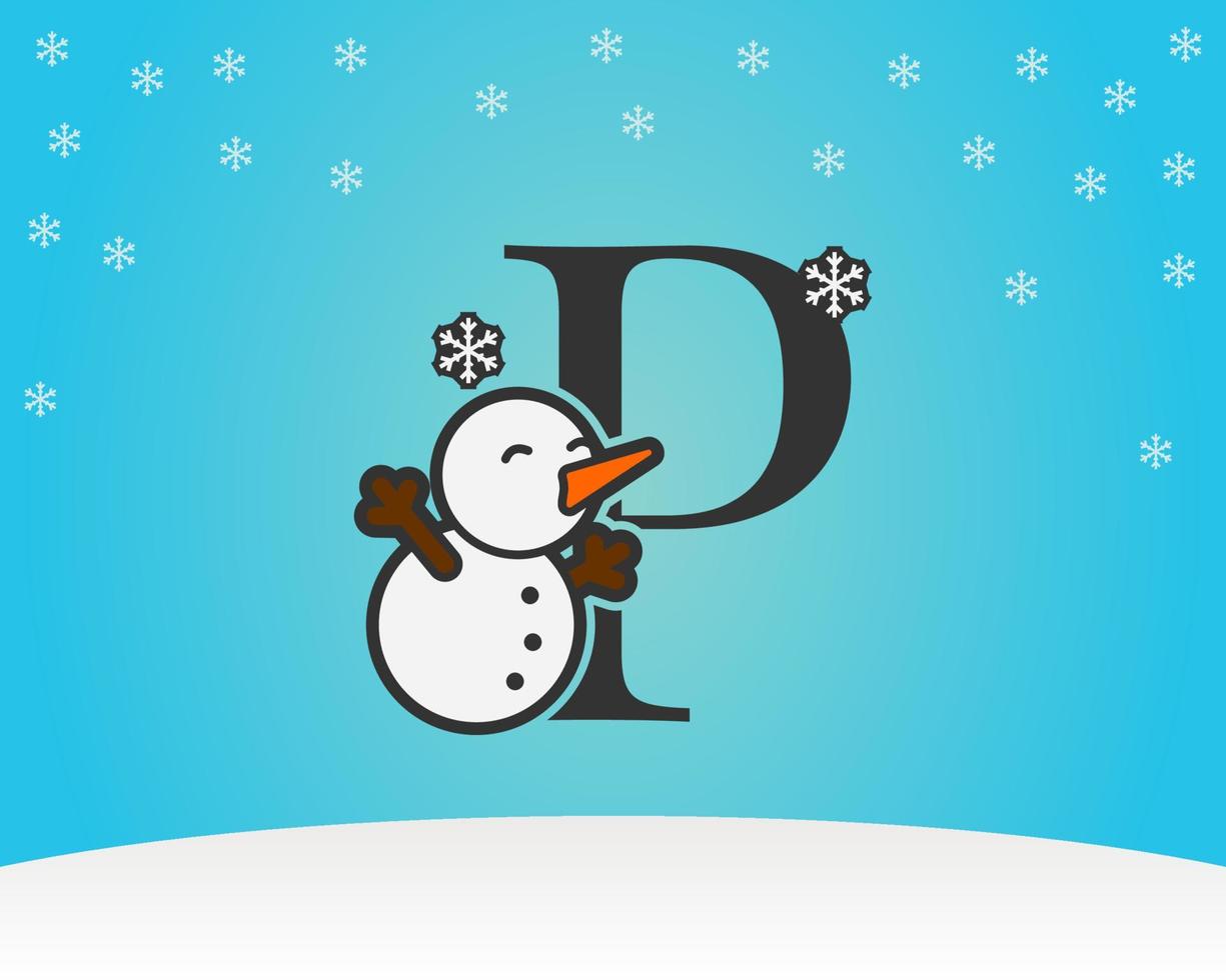 amusant et mignon lettre p bonhomme de neige décoration avec flocons de neige fond d'hiver vecteur