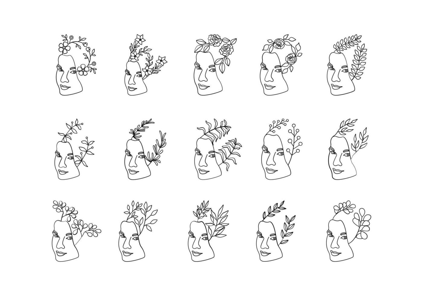 femme fait face à un style d'art en ligne avec des fleurs et des feuilles vecteur