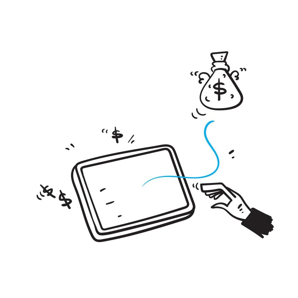 sac d'argent doodle dessiné à la main avec des ailes volant hors de l'illustration de l'écran vecteur