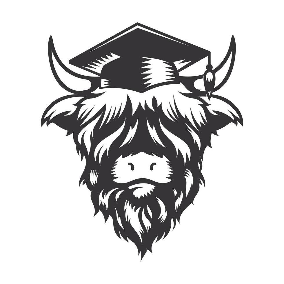 conception de tête de graduation de vache highland avec chapeau de graduation. animaux de ferme. logos ou icônes de vaches. illustration vectorielle. vecteur